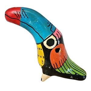 Artisian Made Clay Multicolored Toucan Bird Whistle Sculpture Folk Art 4.25" T